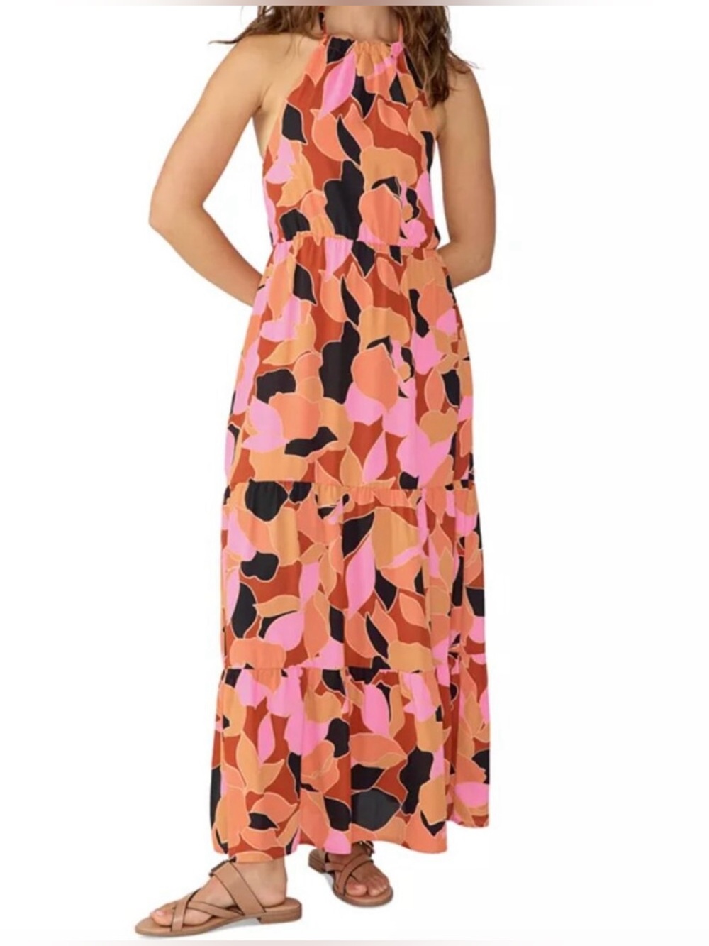 🎨 Sanctuary Abstract backless Halter Maxi Dress Large Orange Pink Black NWOT